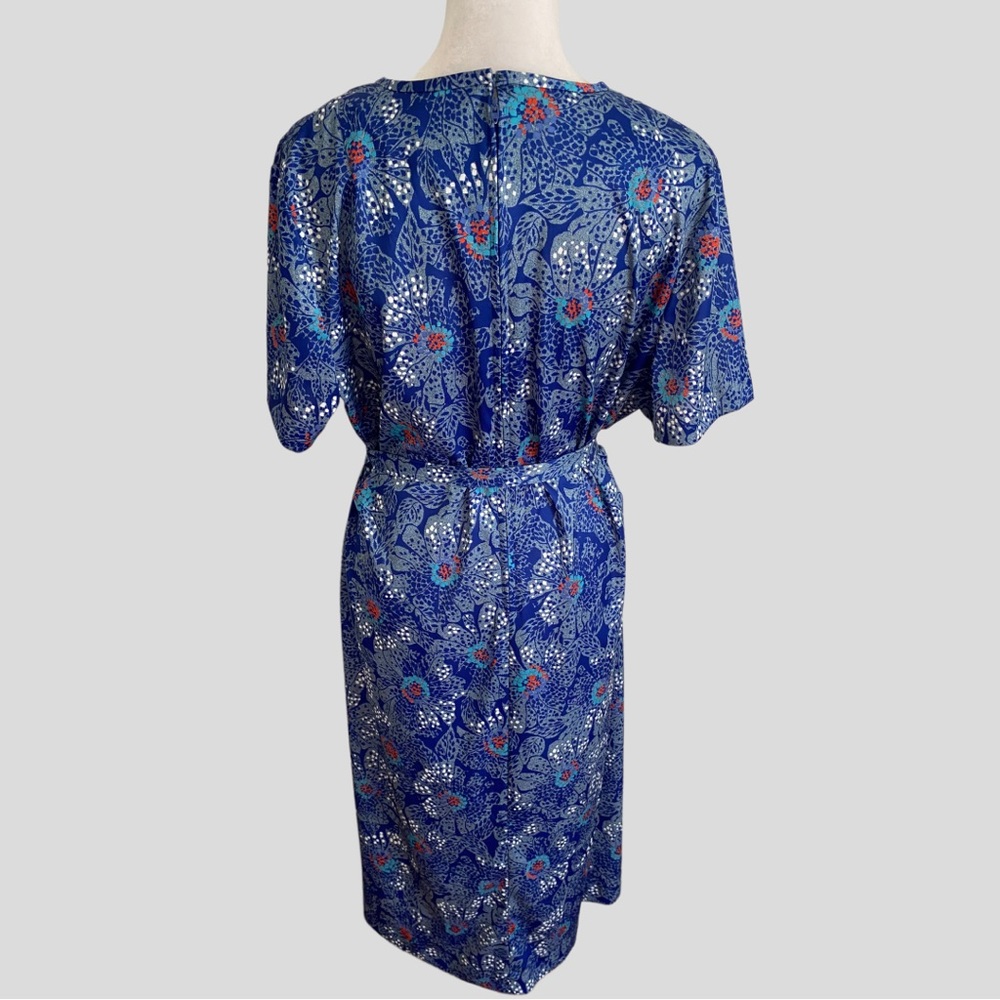 Vintage 70s Blue Floral Tie Neck Belted Dress - Picture 4 of 7